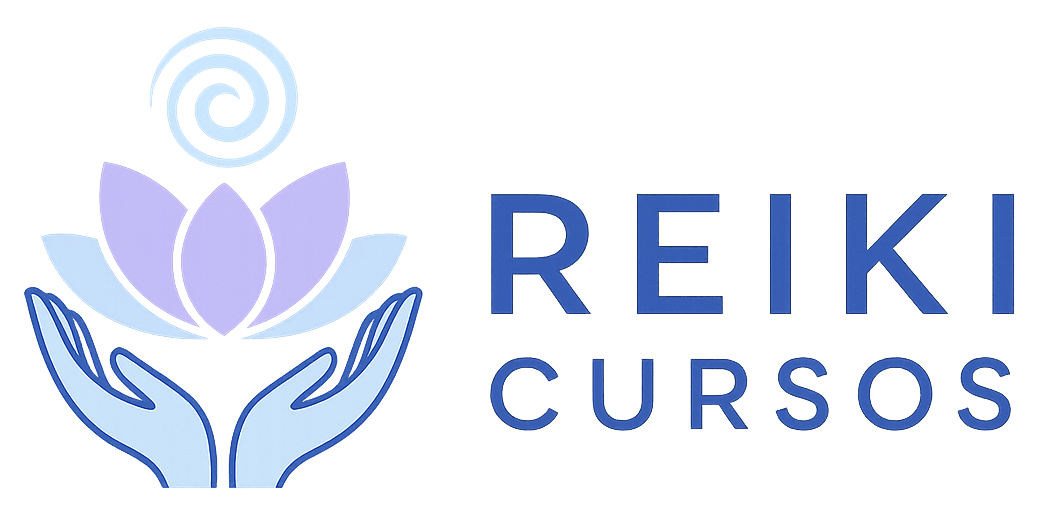 Logo de Reiki Cursos, con unas manos sosteniendo una flor de loto que simboliza la sanación.