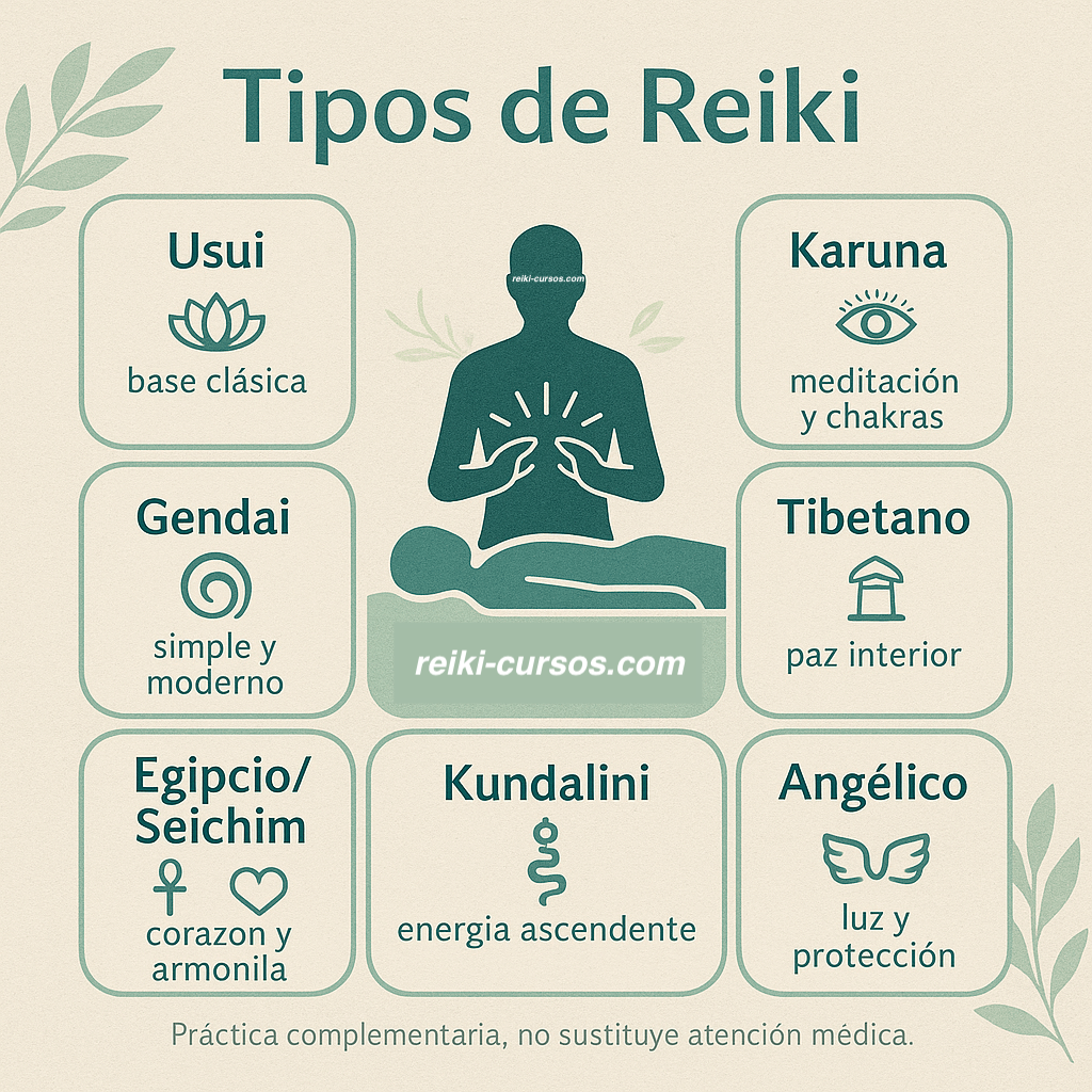 Infografía que resume 7 Tipos de Reiki: Usui, Karuna, Gendai, Tibetano, Egipcio/Seichim, Kundalini y Angélico, con sus símbolos y características principales.