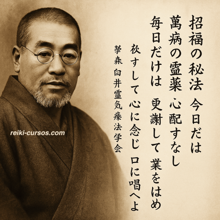 Mikao Usui, el fundador del Reiki, en un retrato clásico junto a los cinco principios del Reiki en japonés.