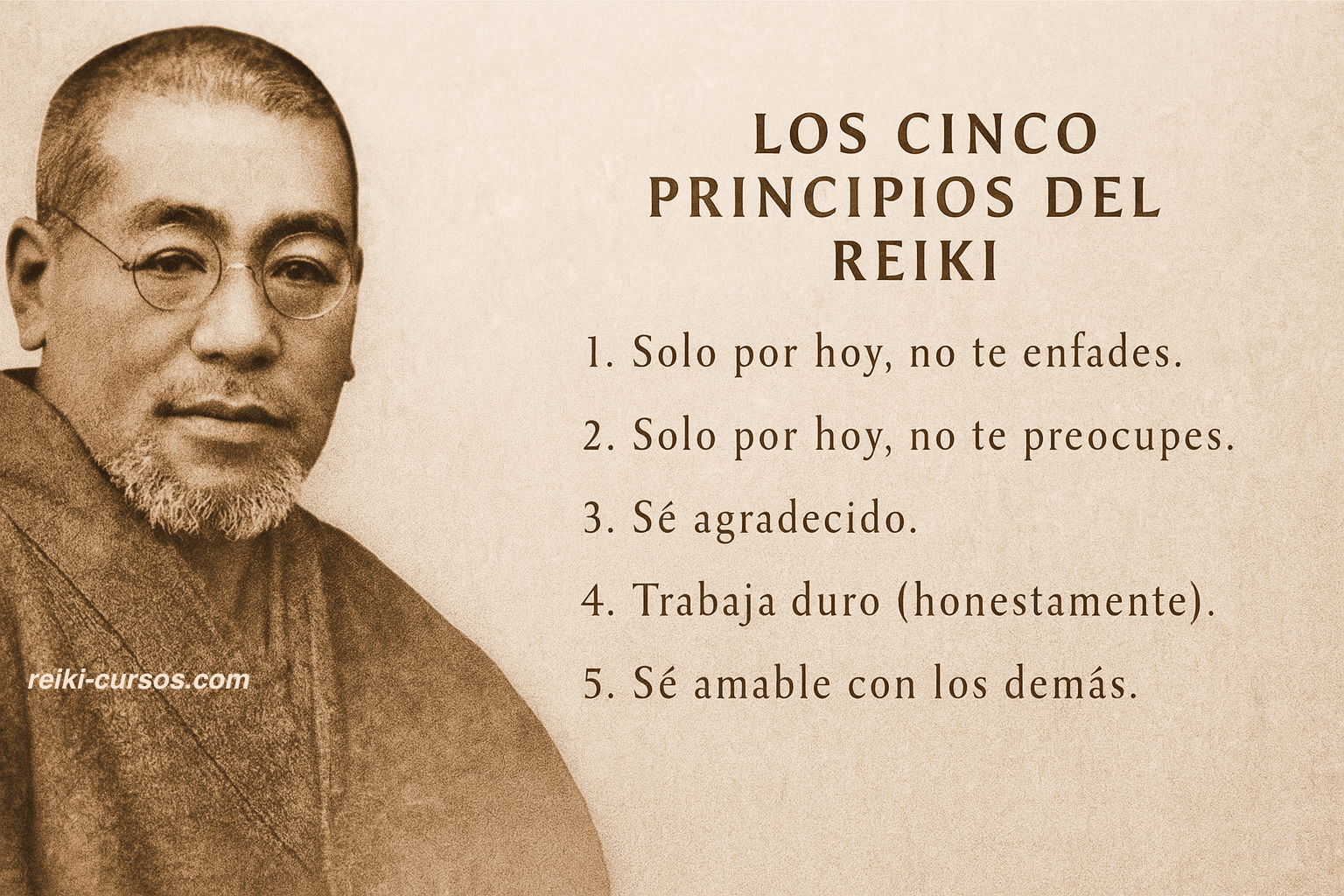 Retrato de Mikao Usui, fundador del Reiki, junto a los Cinco Principios del Reiki escritos en caligrafía japonesa (kanji).
