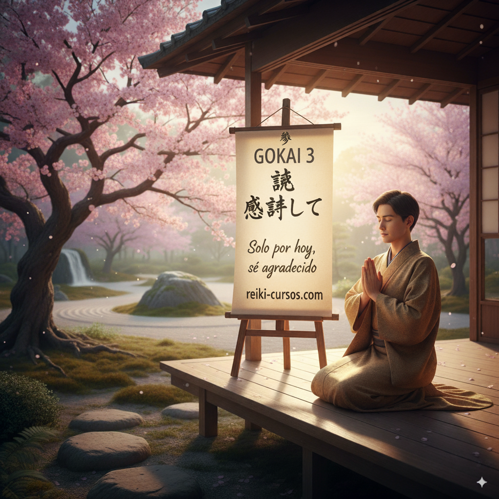 Un joven medita arrodillado en la veranda de madera de un templo o casa de estilo japonés, rodeado por un jardín con cerezos en flor. A su lado, un cartel en un caballete muestra el principio de Reiki "GOKAI 3" con el texto en japonés "感謝して" y su traducción al español: "Solo por hoy, sé agradecido".