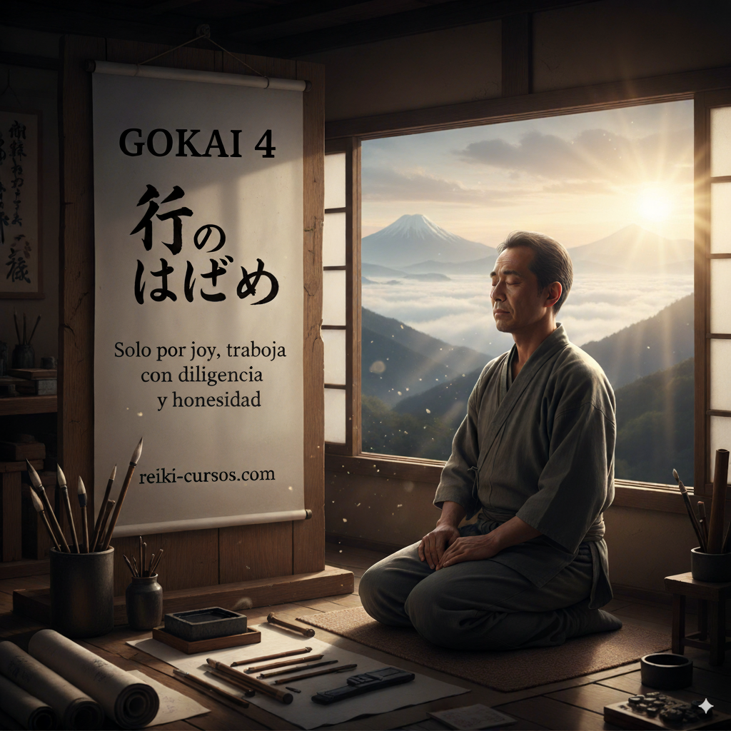 "Hombre meditando en una habitación japonesa con vista al Monte Fuji al amanecer. Un pergamino de caligrafía muestra los principios de Reiki 'Gokai 4' en japonés y español.