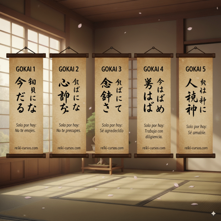 `Ilustración de los 5 principios de Reiki en pergaminos. Cada uno muestra la caligrafía japonesa y la traducción: no te enojes, no te preocupes, sé agradecido, trabaja con diligencia y sé amable.`