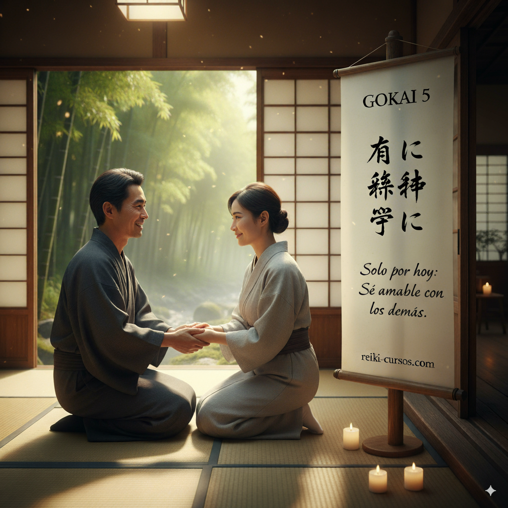 "Pareja sonriendo y tomándose las manos en una habitación japonesa, con un jardín de bambú y un río de fondo. Un pergamino de Gokai 5 con principios de Reiki en japonés y español."