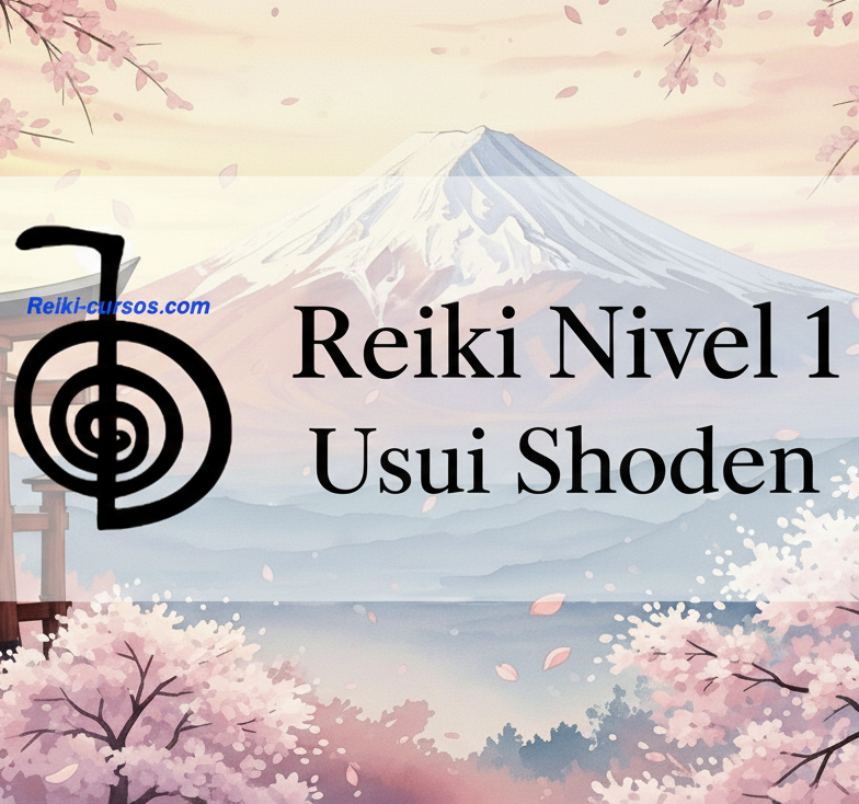 Imagen de Reiki Nivel 1, Usui Shoden, con el símbolo Cho Ku Rei sobre un fondo sereno con el Monte Fuji, un arco torii y flores de cerezo, representando el inicio del camino en la sanación Reiki.