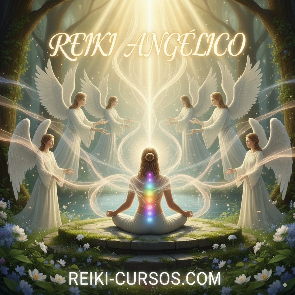 Mujer meditando con los chakras alineados, rodeada por un círculo de ángeles que canalizan la energía sanadora del Reiki Angélico