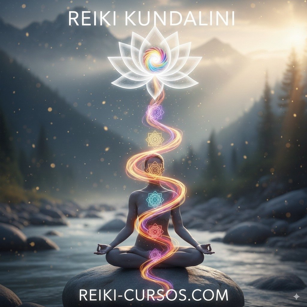 Persona meditando con la energía de los chakras fluyendo, representando el concepto de Reiki Kundalini.