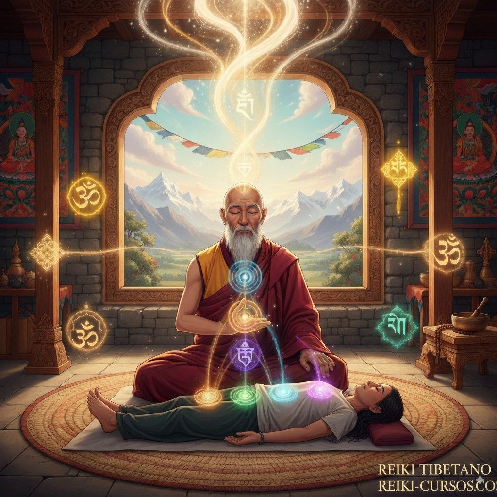 Un maestro de Reiki tibetano meditando mientras canaliza energía curativa hacia un paciente acostado, con los chakras iluminados.