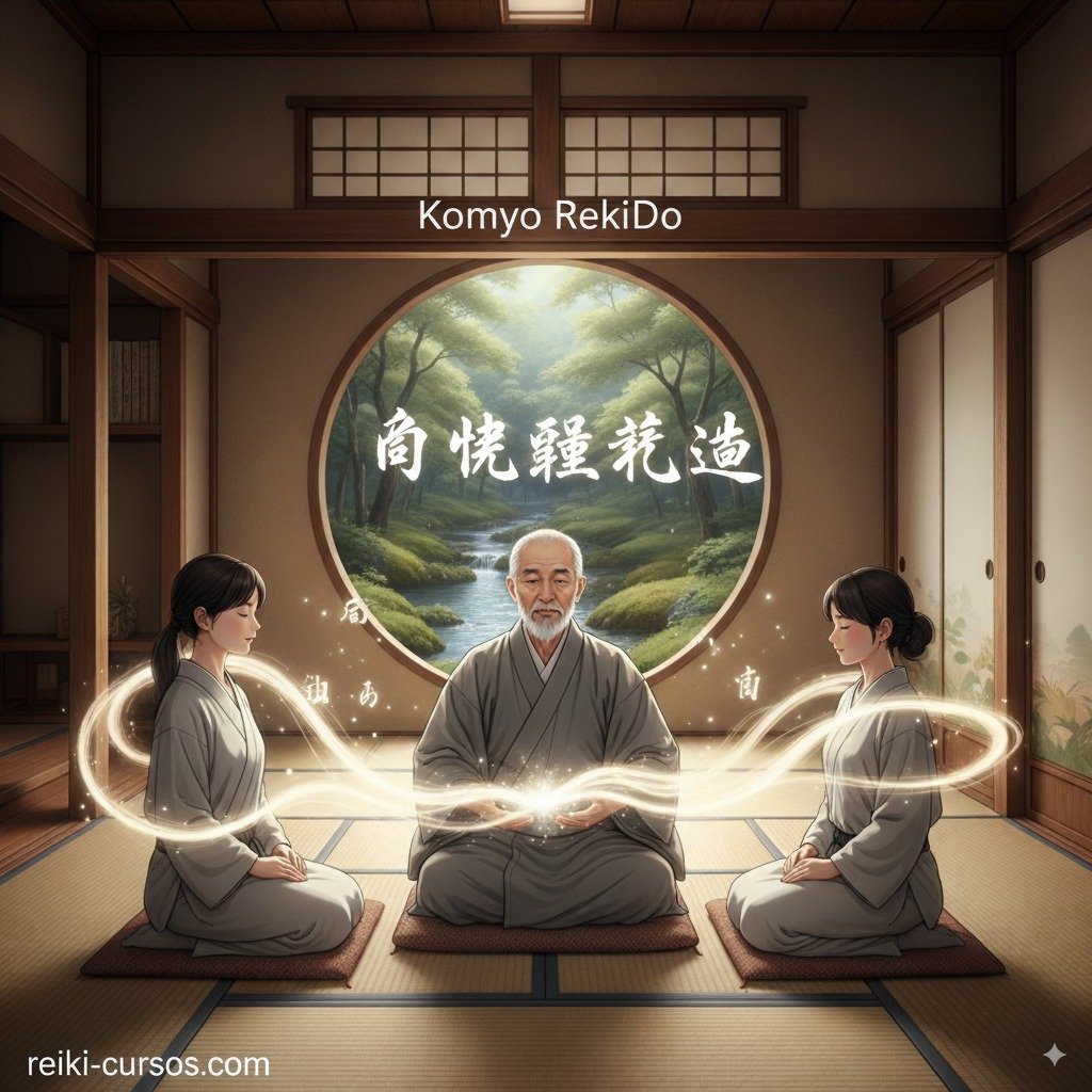 Un maestro de Kom-yo Reiki-Do, un hombre mayor con vestimenta tradicional japonesa, se sienta en el centro meditando con dos alumnas, canalizando energía luminosa desde sus manos hacia ellas en una sala de estilo japonés.