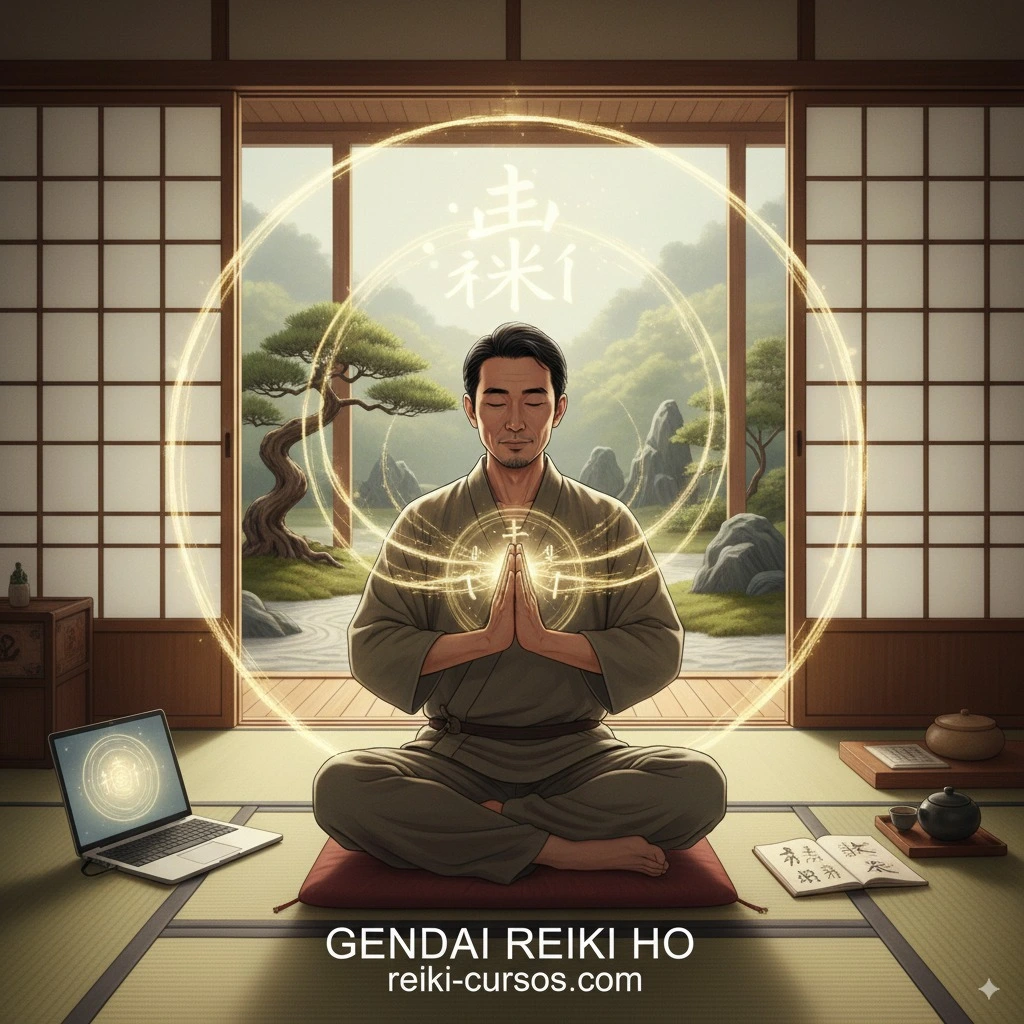 Un practicante de Gendai Reiki Ho meditando con las manos juntas, rodeado de un aura de energía, en un entorno tradicional japonés.
