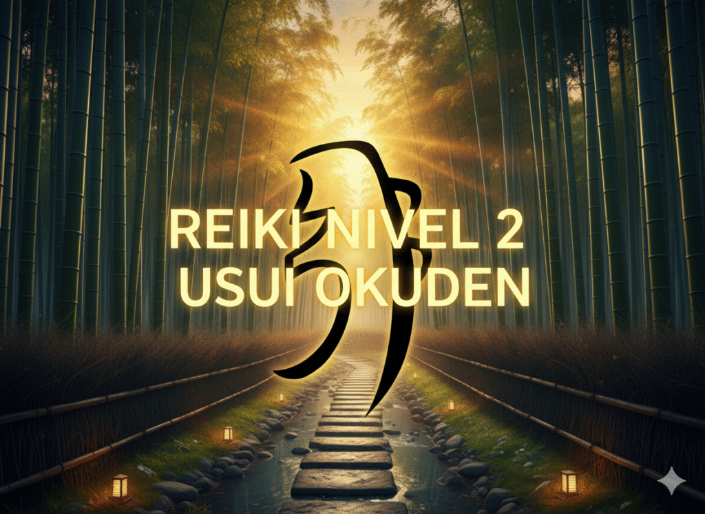 Imagen para el curso de Reiki Nivel 2, Usui Okuden. Se muestra el símbolo Sei He Ki en color negro, superpuesto a un camino de piedras que atraviesa un arroyo en un bosque de bambú iluminado por una luz cálida y espiritual.