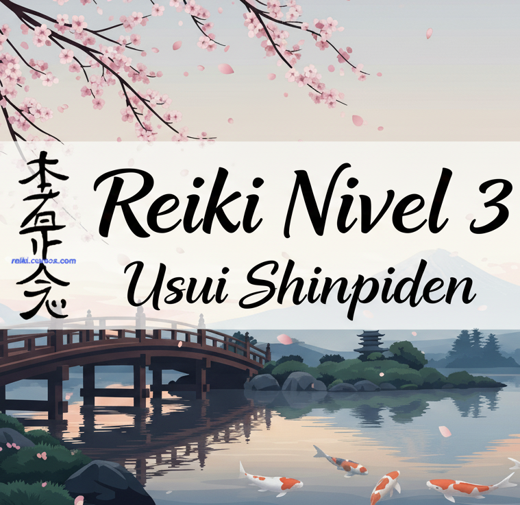 Imagen de Reiki Nivel 3, Usui Shinpiden, con el símbolo Hon Sha Ze Sho Nen. El fondo es un paisaje japonés sereno con un puente de madera, un lago con peces koi, flores de cerezo y el Monte Fuji, simbolizando la maestría y la conexión espiritual.