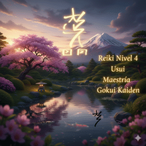 Imagen de la Maestría de Reiki, Nivel 4 Usui Gokui Kaiden. Muestra un idílico jardín japonés al atardecer con un cerezo en flor, un arroyo con peces koi y el Monte Fuji al fondo. El símbolo de maestro Dai Ko Myo brilla en el cielo.
