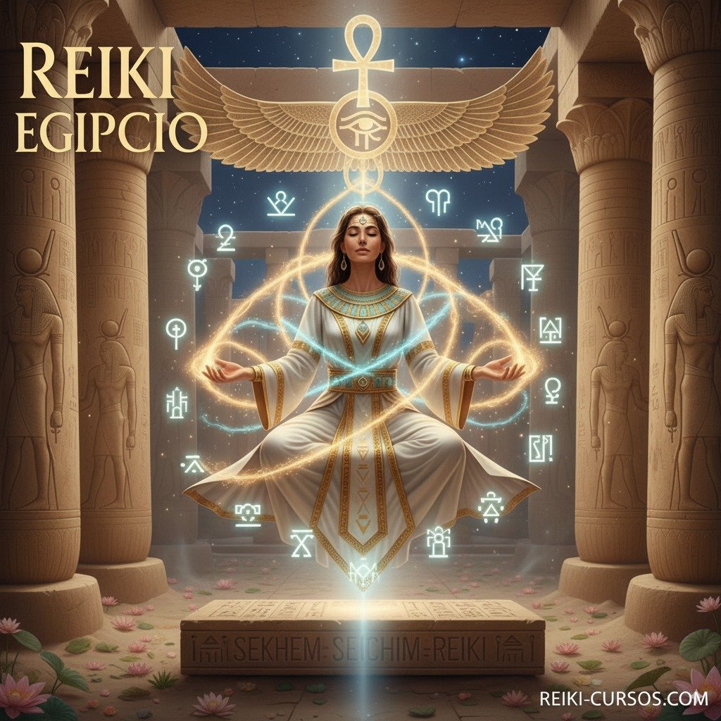 na mujer meditando con símbolos de Reiki Egipcio y ankhs, rodeada de pilares y jeroglíficos antiguos.