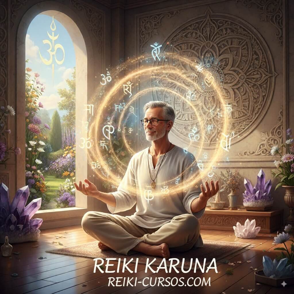 William Lee Rand, creador de Reiki Karuna, meditando con las manos abiertas, rodeado de símbolos y cristales curativos.