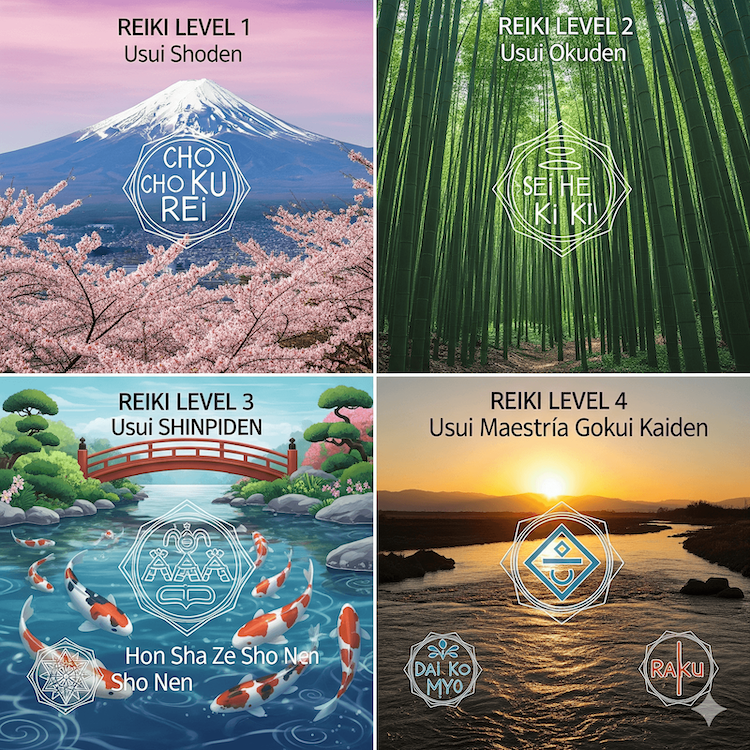 Collage de los cuatro niveles de Reiki Usui. Nivel 1 (Shoden) con el Monte Fuji y el símbolo Cho Ku Rei. Nivel 2 (Okuden) en un bosque de bambú con el símbolo Sei He Ki. Nivel 3 (Shinpiden) en un jardín japonés con peces koi y el símbolo Hon Sha Ze Sho Nen. Nivel 4 (Maestría/Gokui Kaiden) con un amanecer y los símbolos Dai Ko Myo y Raku.