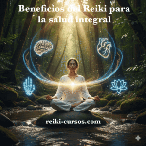 Mujer meditando en posición de loto sobre una roca en un bosque iluminado por luz natural, rodeada de ilustraciones brillantes de un cerebro, un corazón, una mano ósea y una flor de loto, con el texto “Beneficios del Reiki para la salud integral” y la dirección “reiki-cursos.com”.