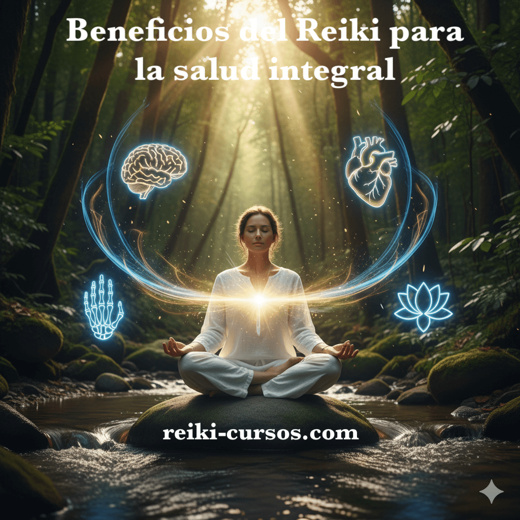 Mujer meditando en posición de loto sobre una roca en un bosque iluminado por luz natural, rodeada de ilustraciones brillantes de un cerebro, un corazón, una mano ósea y una flor de loto, con el texto “Beneficios del Reiki para la salud integral” y la dirección “reiki-cursos.com”.