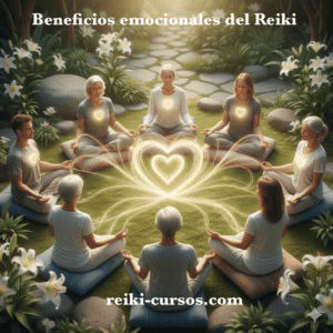 Círculo de personas meditando en un jardín, con un corazón de luz brillante en el centro.