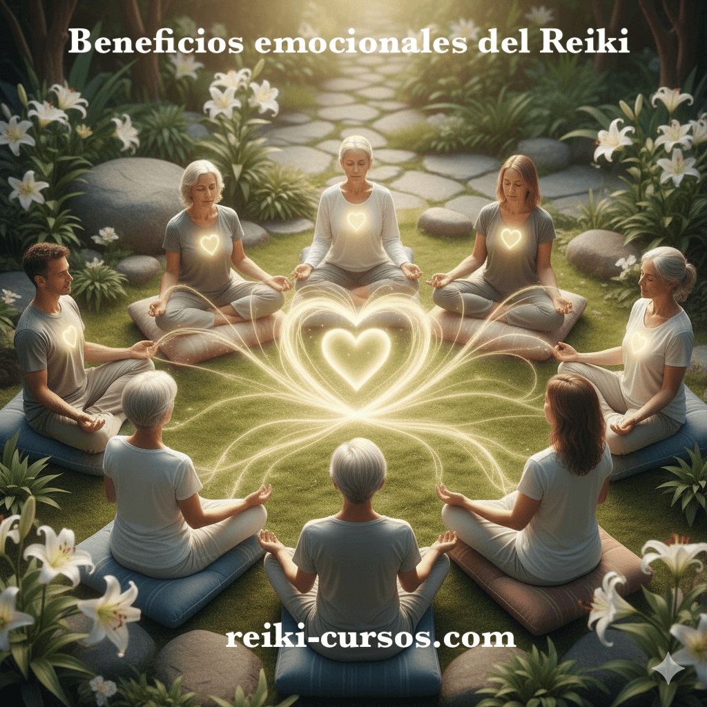 Círculo de personas meditando en un jardín, con un corazón de luz brillante en el centro.