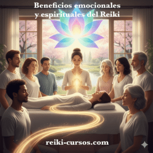 Mujer recibiendo Reiki, rodeada de practicantes, con un loto de energía vibrante y el texto 'Beneficios emocionales y espirituales del Reiki'.