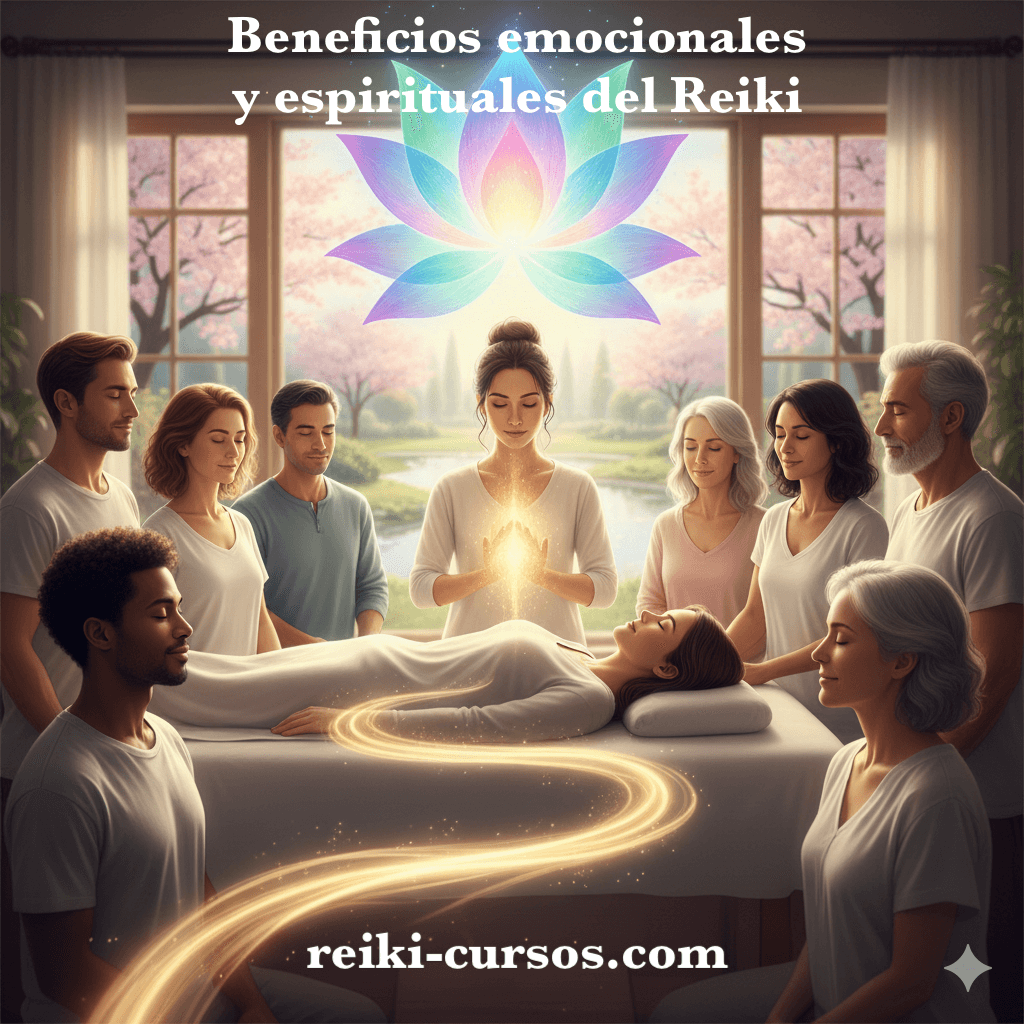 Mujer recibiendo Reiki, rodeada de practicantes, con un loto de energía vibrante y el texto 'Beneficios emocionales y espirituales del Reiki'.