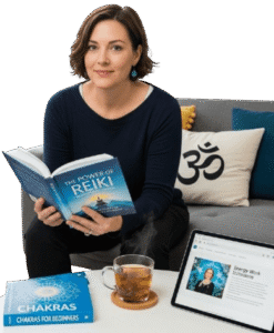 Mujer sonriente, instructora o estudiante de Reiki, sosteniendo un libro sobre el tema en un ambiente de estudio y bienestar con un cojín del símbolo Om.