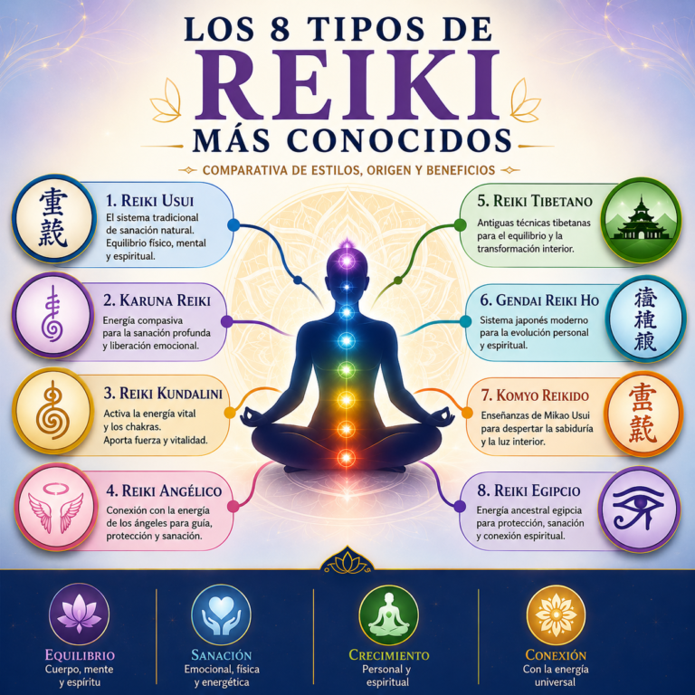Infografía de los 8 tipos de Reiki más conocidos: Reiki Usui, Karuna Reiki, Reiki Kundalini, Reiki Angélico, Reiki Tibetano, Gendai Reiki Ho, Komyo ReikiDo y Reiki Egipcio.