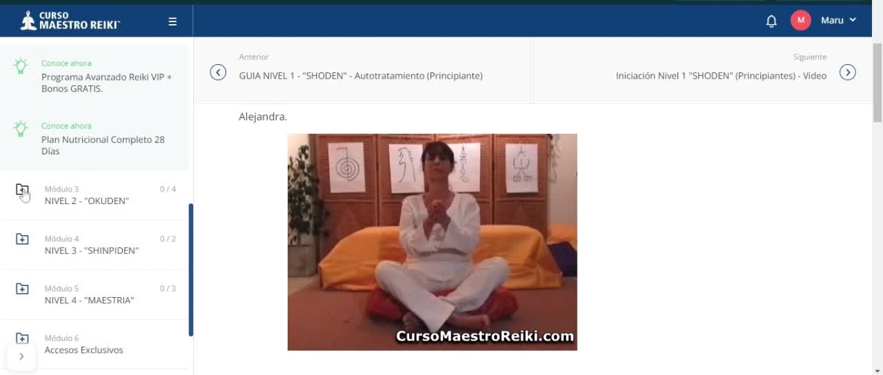 Área de alumnos del Curso Maestro Reiki: módulos por nivel y vídeo de la profesora