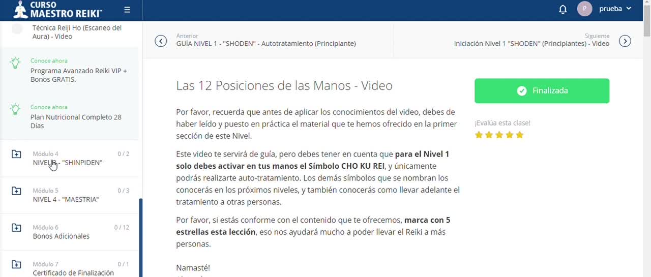 Lección Las 12 posiciones de las manos en el Curso Maestro Reiki, marcada como finalizada