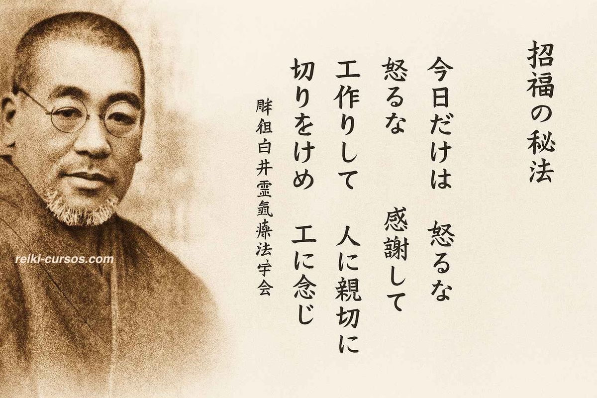 Mikao Usui y los cinco principios del Reiki (Gokai) en caligrafía japonesa