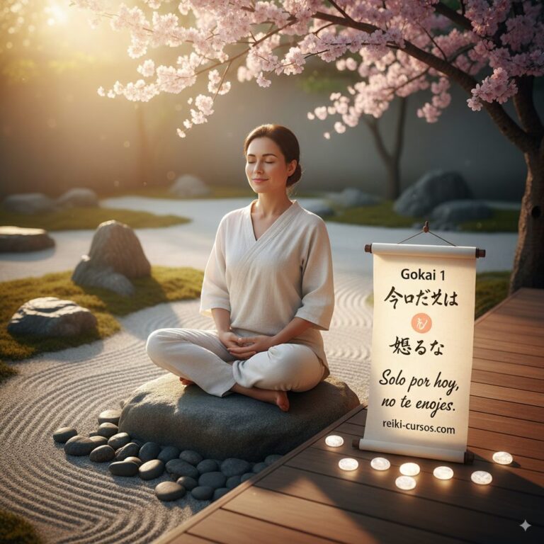 Mujer meditando serenamente en un jardín zen al atardecer, junto a un pergamino con el primer Gokai de Reiki "Solo por hoy, no te enojes", "Gokai 1" y "reiki-cursos.com