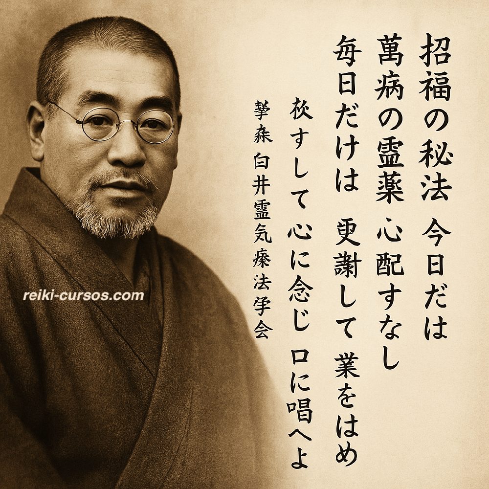 Retrato de Mikao Usui, fundador del Reiki Usui tradicional (Usui Reiki Ryoho), junto a los 5 Gokai en caligrafía japonesa