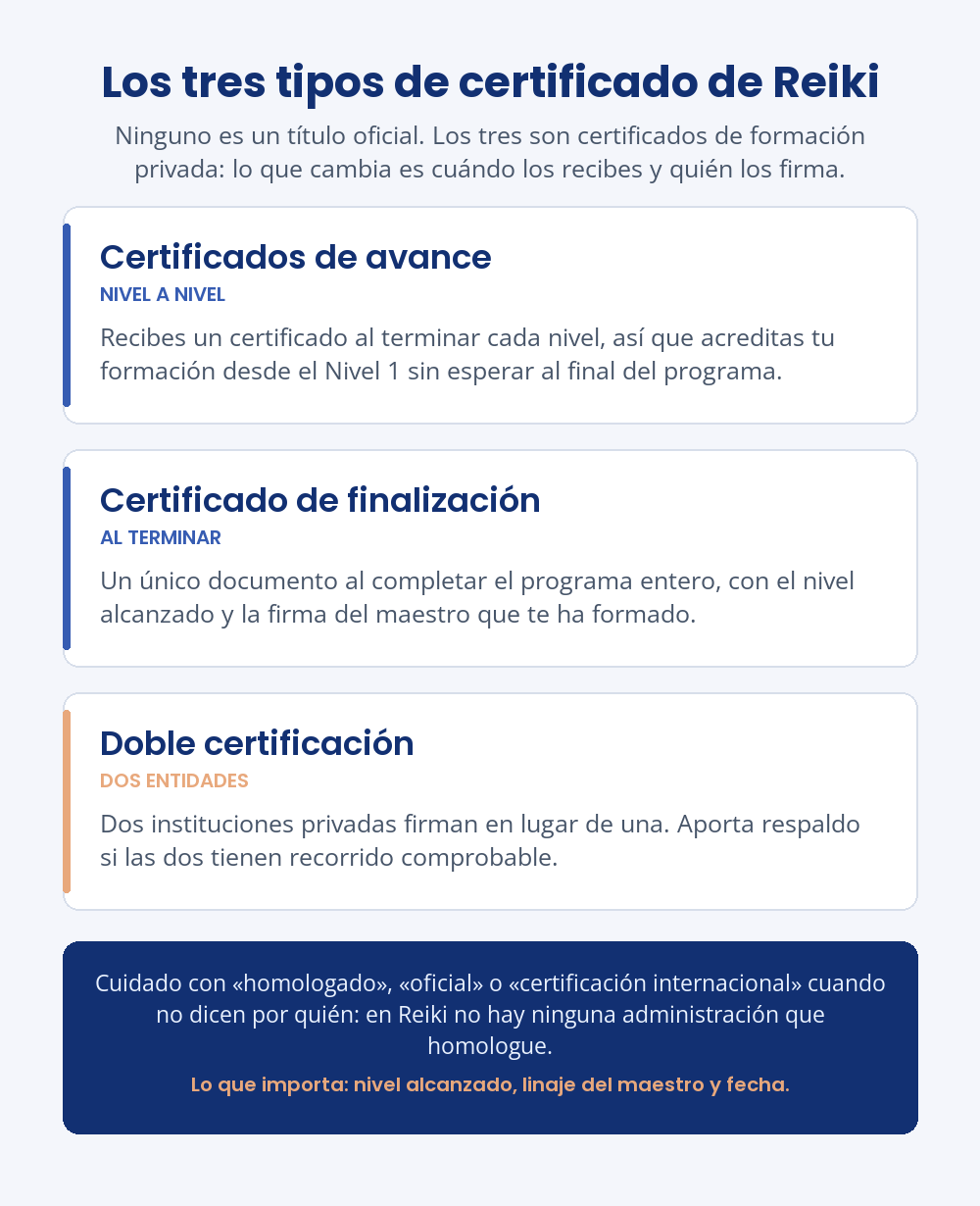 Esquema de los tres tipos de certificado de Reiki: certificados de avance, certificado de finalización y doble certificación